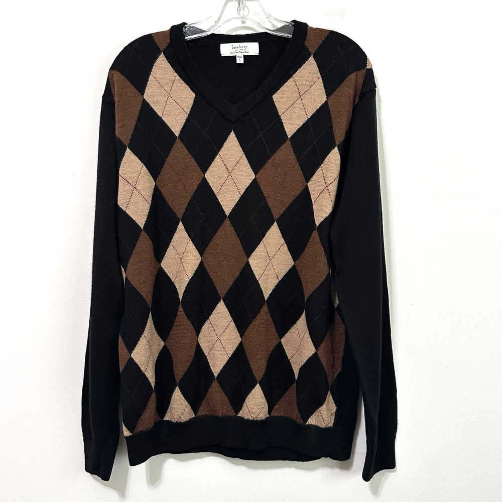 Turbury Mens Sweater L Merino Wool Black Brown Diamond Career Work Church Argyle